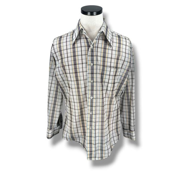 Vintage BVD XKE Disco Shirt Mens Large Multi Plaid Pointed Dagger Collar Button - Picture 1 of 10